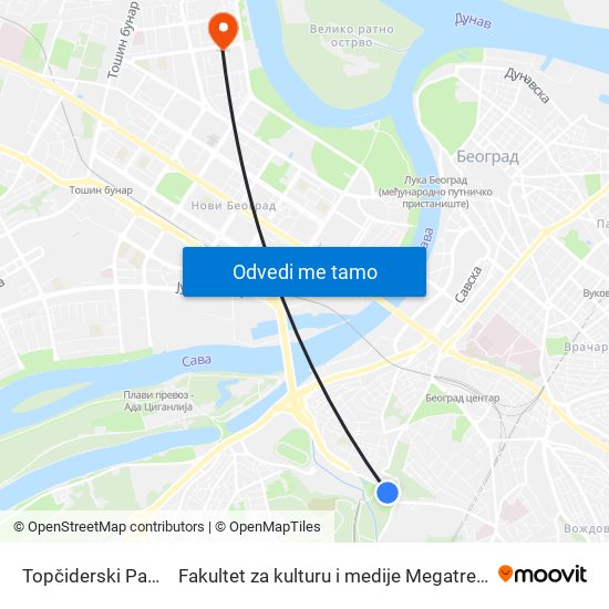 Topčiderski Park to Fakultet za kulturu i medije Megatrend map