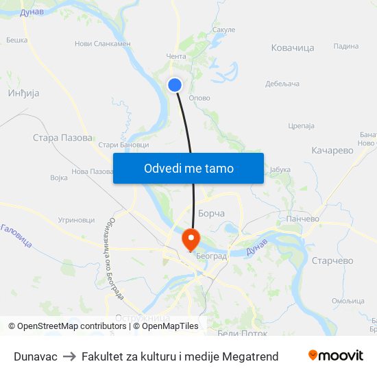 Dunavac to Fakultet za kulturu i medije Megatrend map