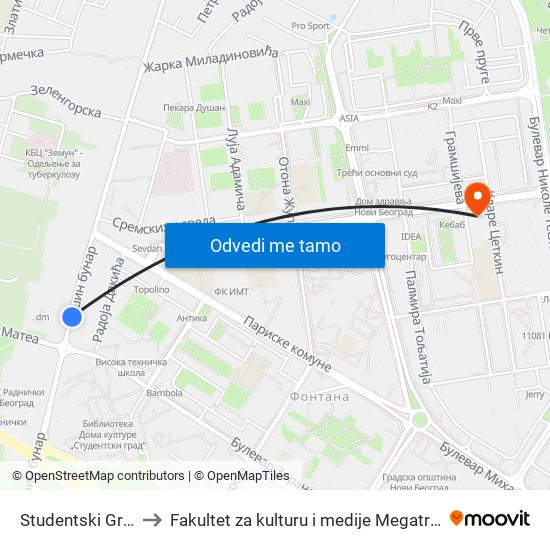 Studentski Grad to Fakultet za kulturu i medije Megatrend map