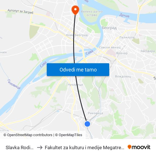 Slavka Rodića to Fakultet za kulturu i medije Megatrend map