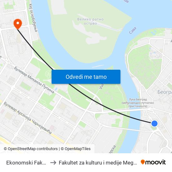 Ekonomski Fakultet to Fakultet za kulturu i medije Megatrend map