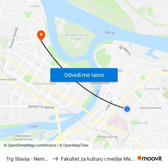 Trg Slavija - Nemanjina to Fakultet za kulturu i medije Megatrend map