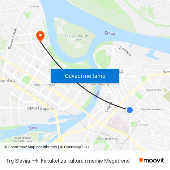 Trg Slavija to Fakultet za kulturu i medije Megatrend map