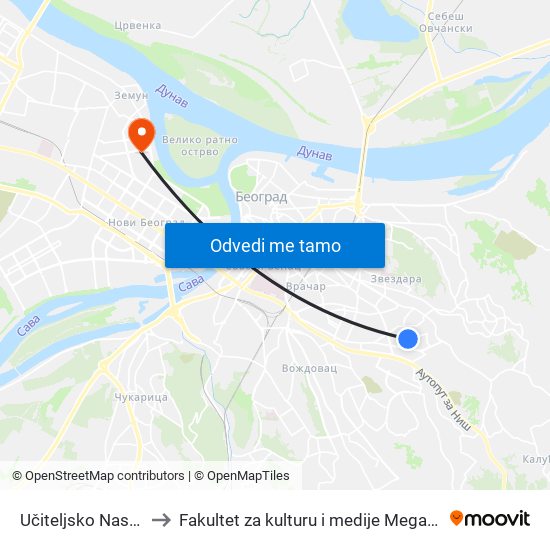 Učiteljsko Naselje to Fakultet za kulturu i medije Megatrend map