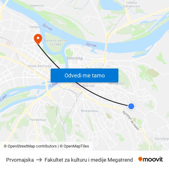 Prvomajska to Fakultet za kulturu i medije Megatrend map