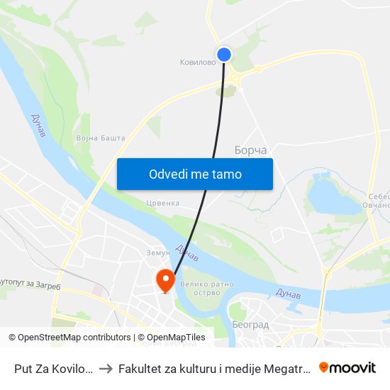 Put Za Kovilovo to Fakultet za kulturu i medije Megatrend map