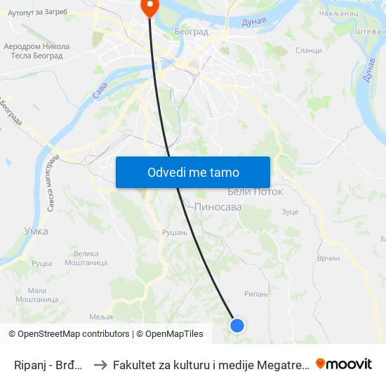 Ripanj - Brđani to Fakultet za kulturu i medije Megatrend map