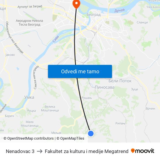 Nenadovac 3 to Fakultet za kulturu i medije Megatrend map