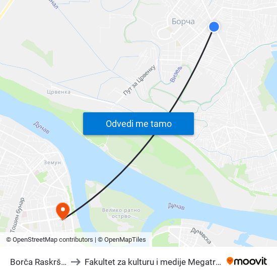 Borča Raskršće to Fakultet za kulturu i medije Megatrend map