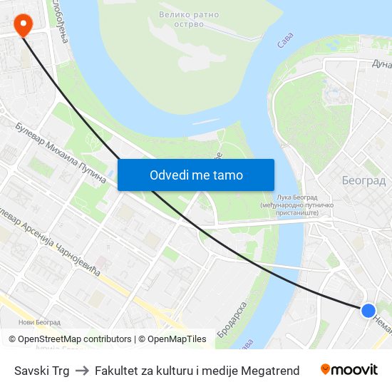 Savski Trg to Fakultet za kulturu i medije Megatrend map