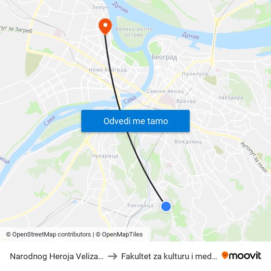 Narodnog Heroja Velizara Stankovića to Fakultet za kulturu i medije Megatrend map