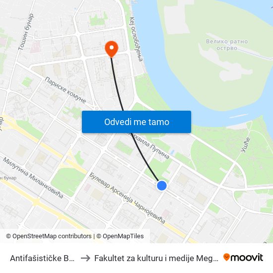 Antifašističke Borbe to Fakultet za kulturu i medije Megatrend map