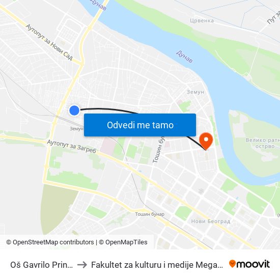 Oš Gavrilo Princip to Fakultet za kulturu i medije Megatrend map