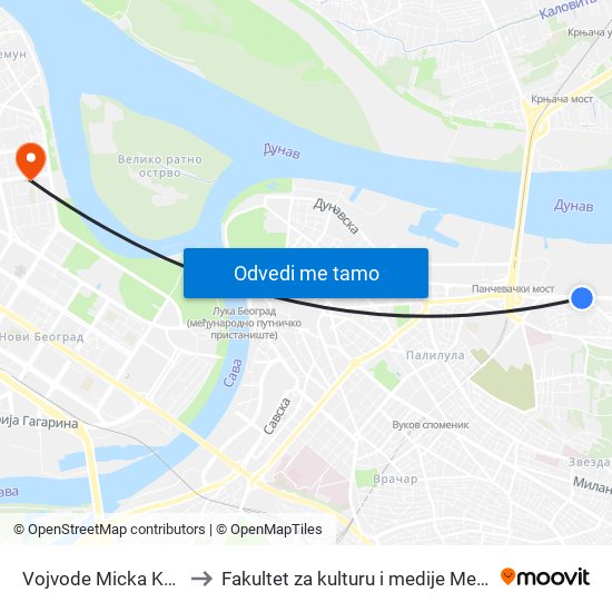 Vojvode Micka Krstića to Fakultet za kulturu i medije Megatrend map