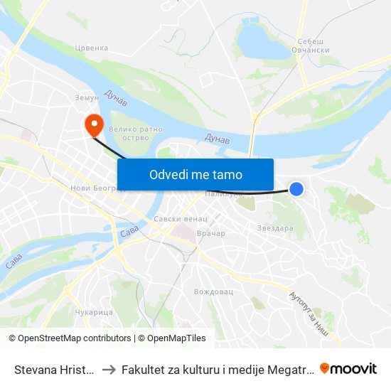 Stevana Hristića to Fakultet za kulturu i medije Megatrend map