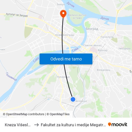 Kneza Višeslava to Fakultet za kulturu i medije Megatrend map