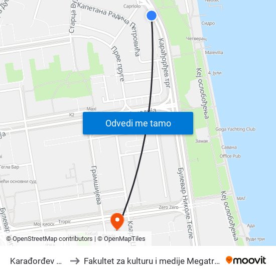 Karađorđev Trg to Fakultet za kulturu i medije Megatrend map