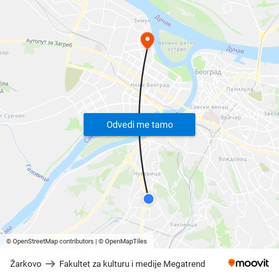 Žarkovo to Fakultet za kulturu i medije Megatrend map