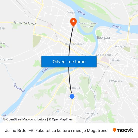 Julino Brdo to Fakultet za kulturu i medije Megatrend map