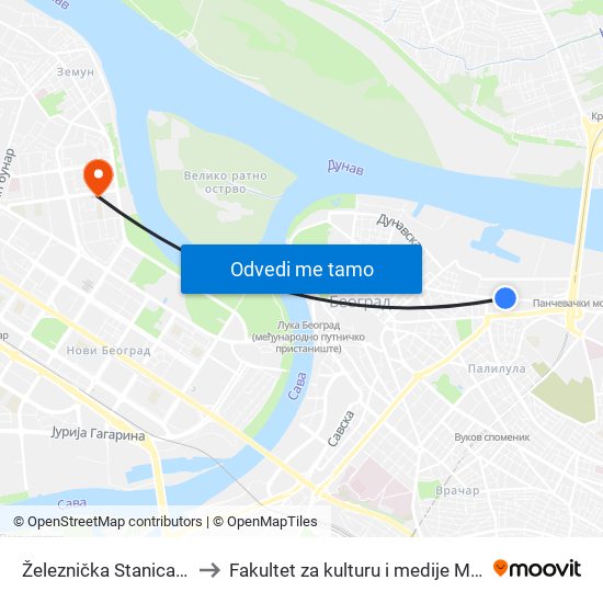 Železnička Stanica Dunav to Fakultet za kulturu i medije Megatrend map