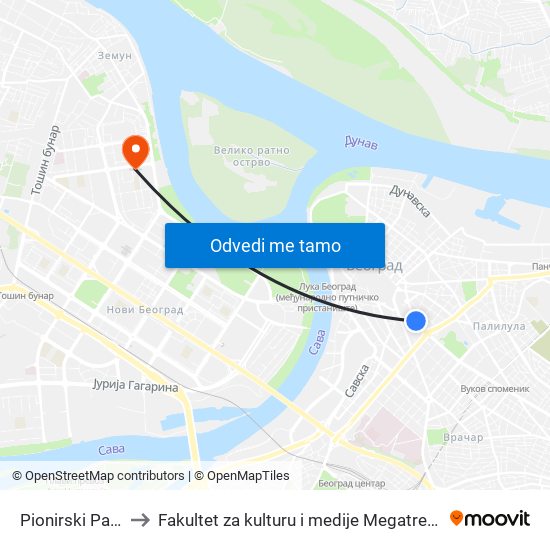 Pionirski Park to Fakultet za kulturu i medije Megatrend map