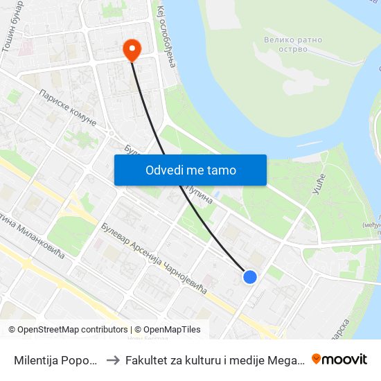 Milentija Popovića to Fakultet za kulturu i medije Megatrend map