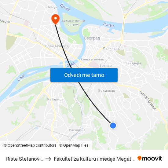 Riste Stefanovića to Fakultet za kulturu i medije Megatrend map