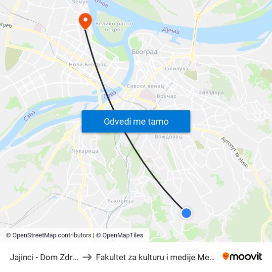 Jajinci - Dom Zdravlja to Fakultet za kulturu i medije Megatrend map