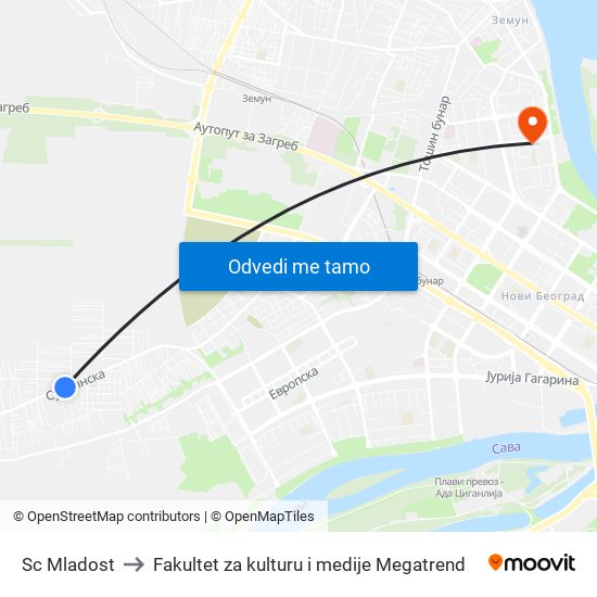 Sc Mladost to Fakultet za kulturu i medije Megatrend map