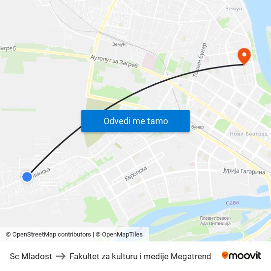 Sc Mladost to Fakultet za kulturu i medije Megatrend map