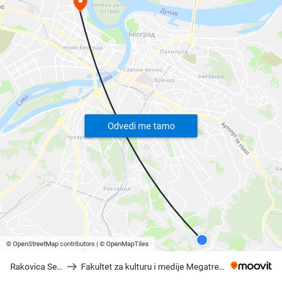 Rakovica Selo to Fakultet za kulturu i medije Megatrend map