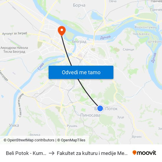 Beli Potok - Kumbara to Fakultet za kulturu i medije Megatrend map