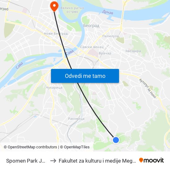 Spomen Park Jajinci to Fakultet za kulturu i medije Megatrend map