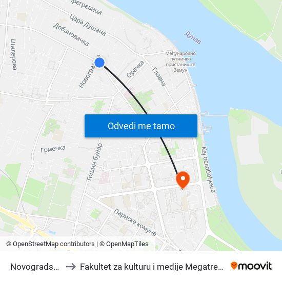 Novogradska to Fakultet za kulturu i medije Megatrend map