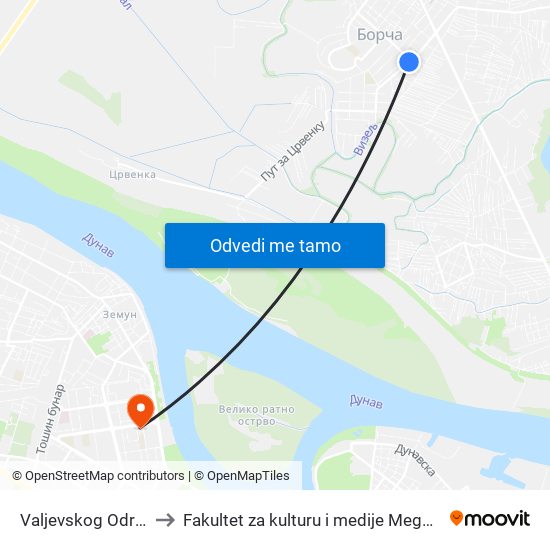 Valjevskog Odreda to Fakultet za kulturu i medije Megatrend map