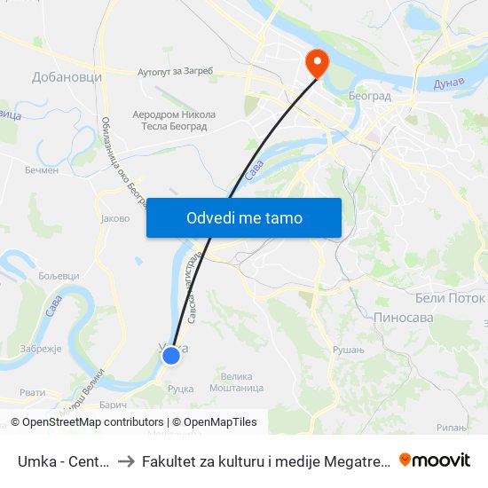 Umka - Centar to Fakultet za kulturu i medije Megatrend map