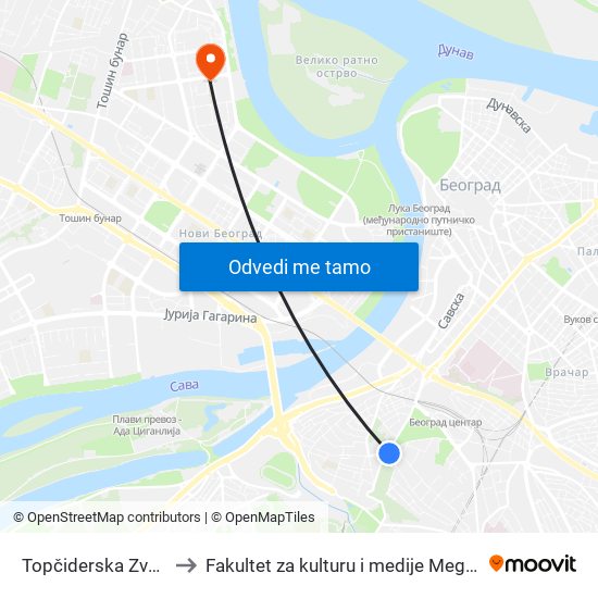 Topčiderska Zvezda to Fakultet za kulturu i medije Megatrend map