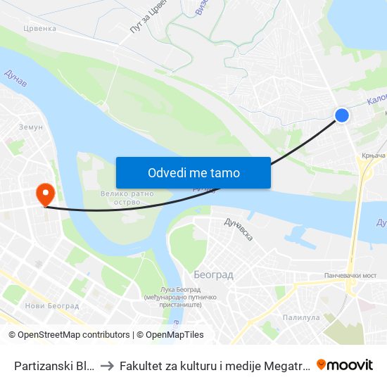 Partizanski Blok to Fakultet za kulturu i medije Megatrend map