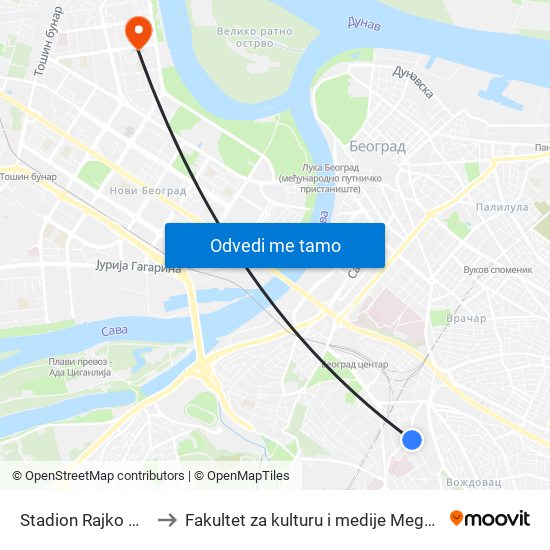 Stadion Rajko Mitić to Fakultet za kulturu i medije Megatrend map