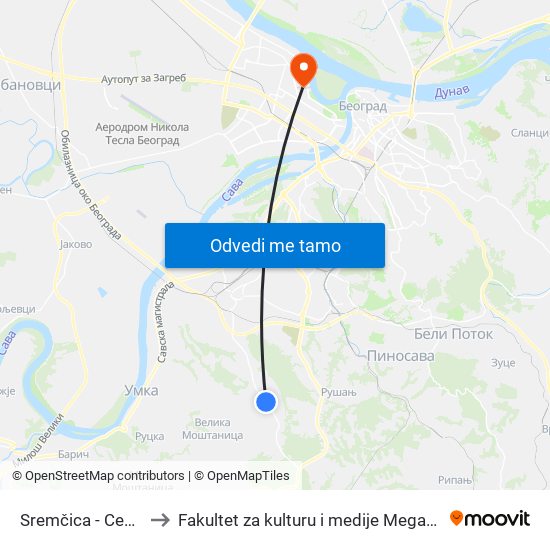 Sremčica - Centar to Fakultet za kulturu i medije Megatrend map