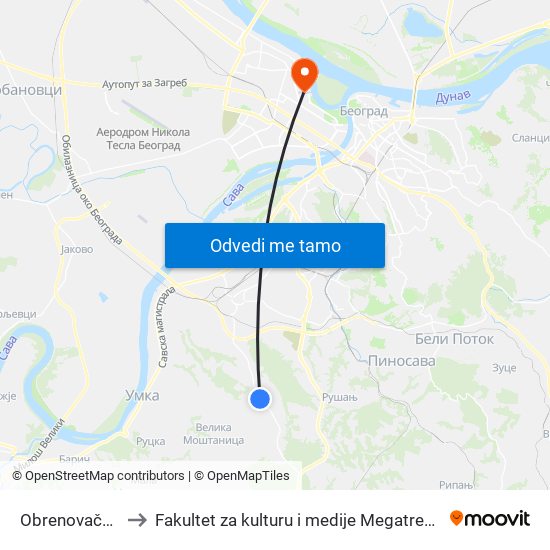 Obrenovačka to Fakultet za kulturu i medije Megatrend map