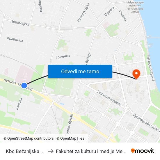 Kbc Bežanijska Kosa to Fakultet za kulturu i medije Megatrend map