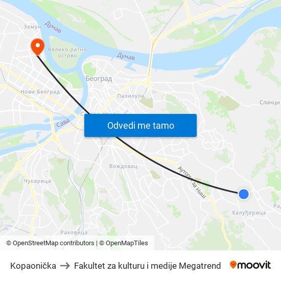 Kopaonička to Fakultet za kulturu i medije Megatrend map