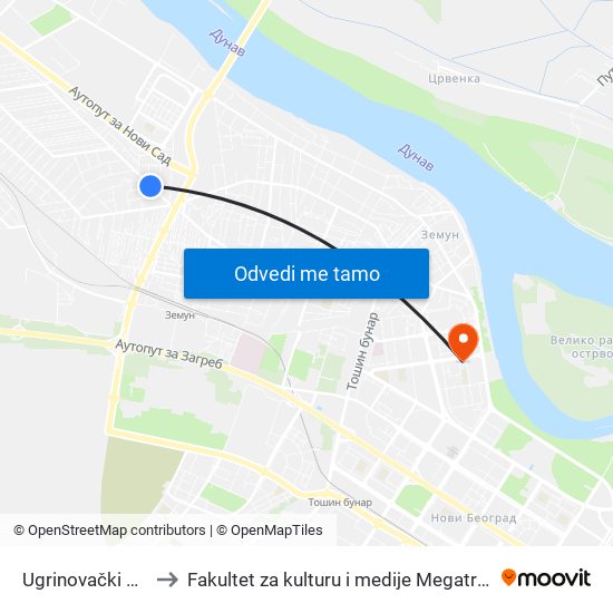 Ugrinovački Put to Fakultet za kulturu i medije Megatrend map