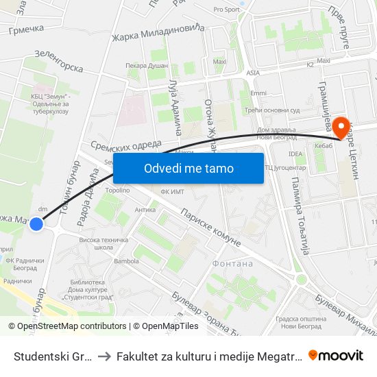 Studentski Grad to Fakultet za kulturu i medije Megatrend map