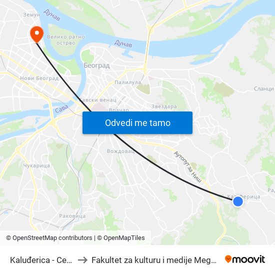 Kaluđerica - Centar to Fakultet za kulturu i medije Megatrend map