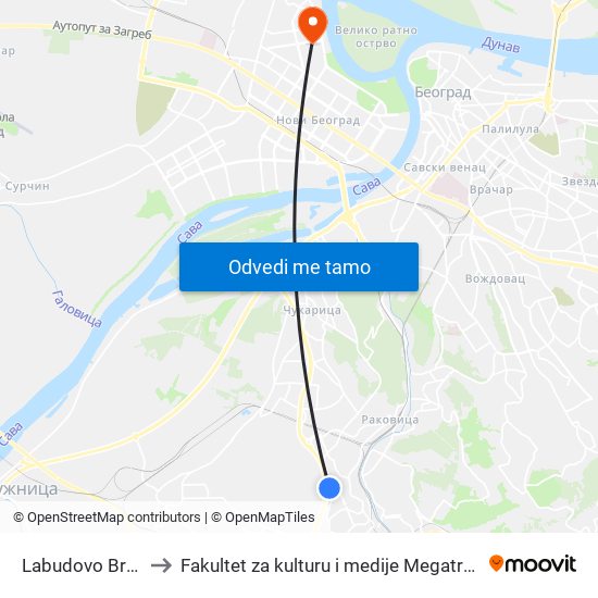 Labudovo Brdo to Fakultet za kulturu i medije Megatrend map