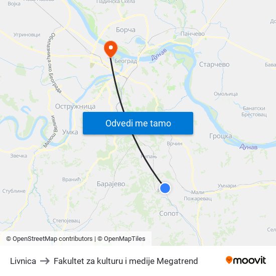 Livnica to Fakultet za kulturu i medije Megatrend map