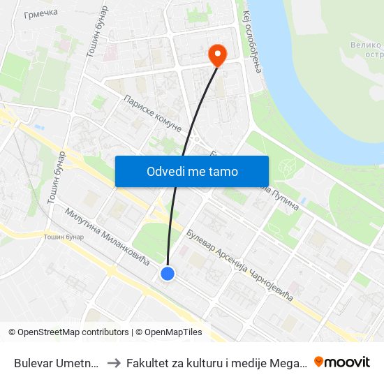 Bulevar Umetnosti to Fakultet za kulturu i medije Megatrend map