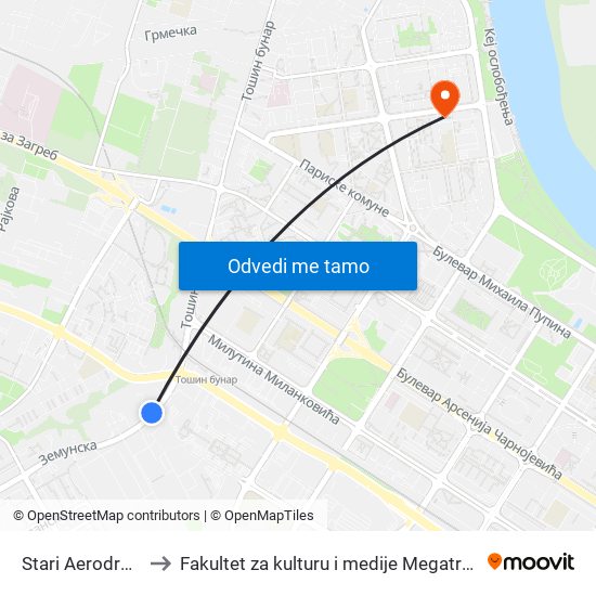 Stari Aerodrom to Fakultet za kulturu i medije Megatrend map